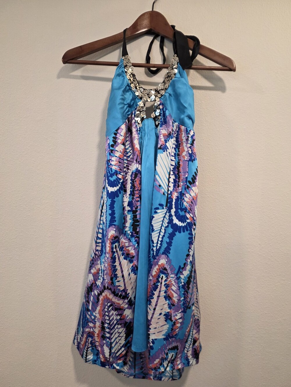 Bebe Y2K Sequin Silk Halter Mini Dress